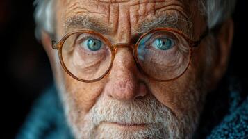 Elderly man with striking blue eyes and glasses shares a deep, thoughtful expression in a close-up portrait photo