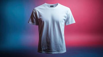 Plain white t-shirt displayed against vibrant blue and pink background with dramatic lighting photo