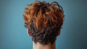 Young person with curly hair showcasing unique hairstyle and color against a solid backdrop in a detailed studio setting photo
