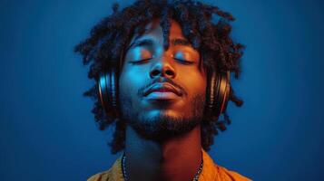 Young man enjoys music with headphones against a blue backdrop during a calm evening photo