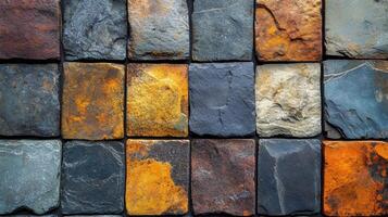 Colorful slate tiles arranged in a grid pattern showcasing various textures and hues in a serene indoor setting photo