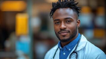 Confident healthcare professional smiling warmly while wearing a stethoscope in a busy clinic setting photo