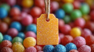 Bright yellow tag hangs over colorful candy display at local market during a sunny afternoon photo