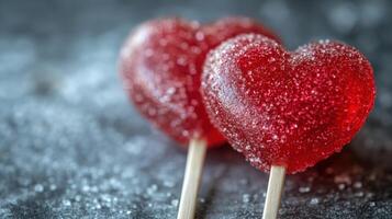 Bright red heart-shaped lollipops glisten with sugar on a dark textured background during a sweet celebration photo
