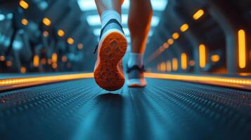 Runner exercises on a treadmill in a modern gym setting with dynamic lighting during indoor training session photo