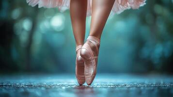 Ballerina performing on pointe shoes in a serene outdoor setting during the golden hour light of the evening photo