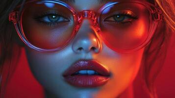 Striking portrait of a person wearing vibrant sunglasses with bold colors in a dramatic lighting setup photo