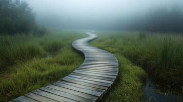 Serene winding wooden pathway in a foggy wetland during early morning hours photo