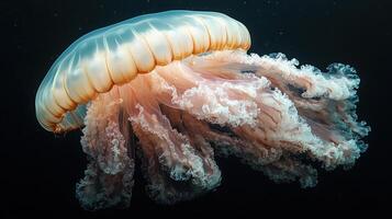 Elegant jellyfish gracefully swimming underwater in a dark ocean environment photo
