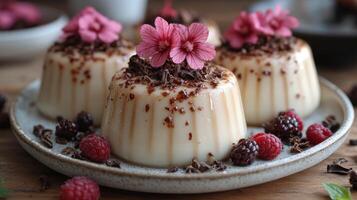 Delicate dessert trio with flowers and berries on a rustic wooden table setting photo