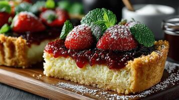 Homemade cheesecake topped with strawberries and berry sauce served on a wooden board in a cozy kitchen setting photo