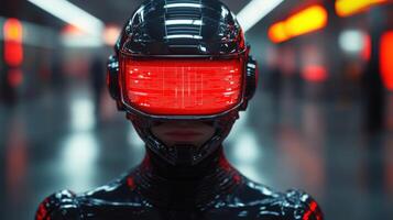 Futuristic humanoid robot stands in a neon-lit environment, blending technology and art in a captivating urban setting photo