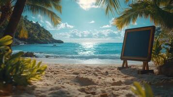 Secluded beach with a blank canvas overlooking tranquil ocean waters on a sunny day photo