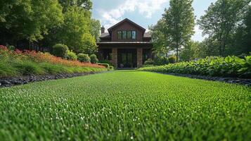 Lush green lawn with vibrant landscape and elegant home in warm afternoon light photo