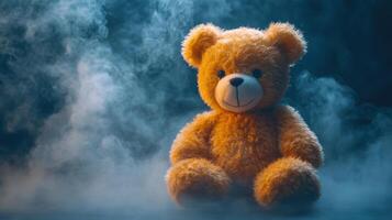 Soft teddy bear sitting in a foggy atmosphere creating a whimsical and nostalgic ambiance photo