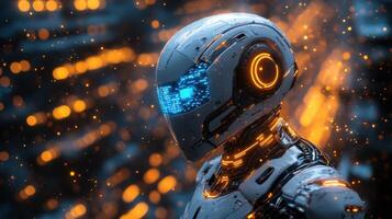 Futuristic robot in a glowing urban landscape during the night showcasing advanced technology and artificial intelligence features photo