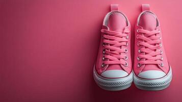 Bright pink sneakers on a solid pink background showcasing vibrant fashion style for casual wear photo