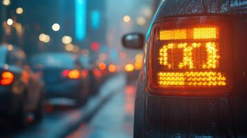 Evening traffic with cars and illuminated brake lights in a rainy urban setting photo