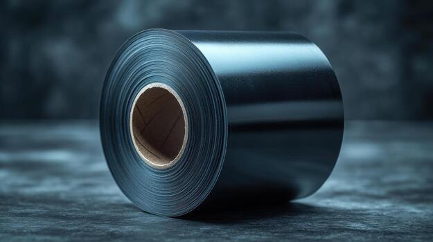 Roll of glossy black plastic film sits on a textured surface in a dimly lit environment during evening hours photo