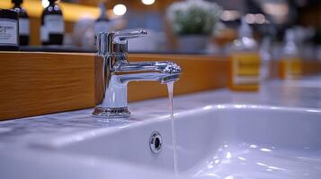 Modern bathroom faucet flowing water in a stylish vanity area with elegant decor and soft lighting photo