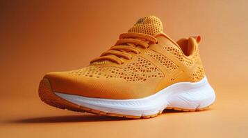 Bright orange running shoe displayed on a smooth gradient background, showcasing modern design and lightweight construction photo