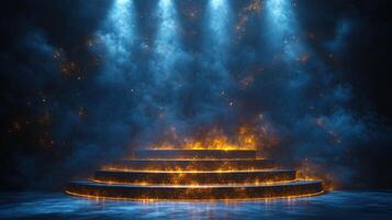 Stunning illuminated stage with fiery and smoky effects in a dark ambiance for dramatic performances photo