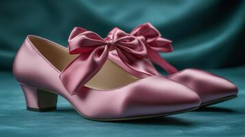 Elegant pink satin shoes with bows displayed on a teal background for formal events photo