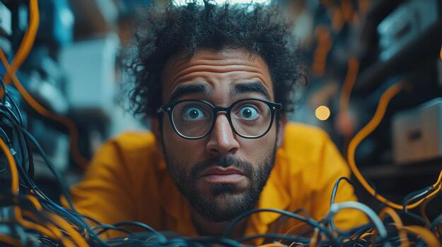 Tech enthusiast surrounded by tangled cables in a workshop exploring electronics at night in a vibrant city atmosphere photo