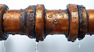 Rusty copper pipe leaking water near a wall in a damp environment during a warm day photo