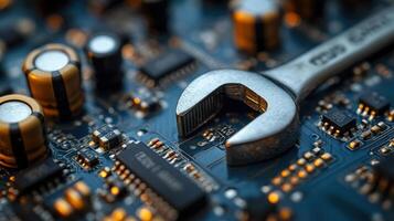 Wrench resting on a circuit board during electronic maintenance at a tech workshop photo