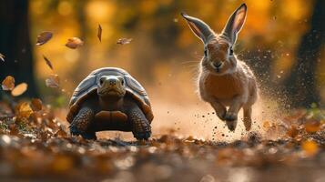 A rabbit running next to a tortoise in the fall photo