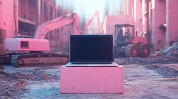 Laptop placed on construction site amid machinery and new building structures during twilight hours photo