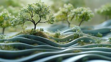 Lush miniature landscape with flowing hills and blooming trees in a serene setting photo