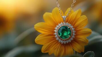 Emerald pendant resting on vibrant yellow sunflower captures nature's beauty and elegance in bright daylight photo