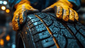 Worker inspects wet tire in automotive shop during evening hours for quality and safety checks photo