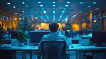 Employee working late in a modern office with blue lighting and a focus on computer screens photo