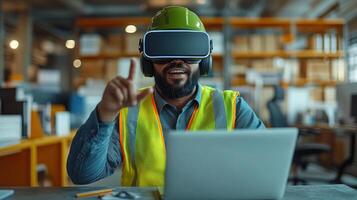 Worker engages in virtual reality training while seated at a laptop in a modern warehouse environment photo
