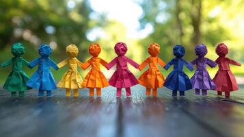 Colorful origami figures holding hands in a sunny park setting during daytime photo