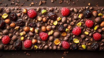 Delicious chocolate bar topped with raspberries, nuts, and dried fruit ready for enjoyment photo
