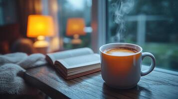 Cozy morning routine featuring a steaming mug of coffee next to an open book on a wooden table by a window photo