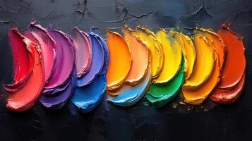 Colorful palette of vibrant paint swatches arranged in a gradient on a textured black background photo