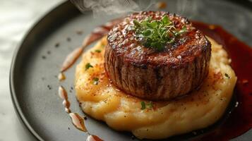 Delicious steak served over creamy mashed potatoes with fresh herbs on a stylish plate photo