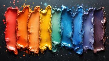 Colorful paint swatches arranged in a rainbow pattern on a dark background with splashes of color photo