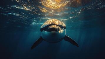 Diving into the depths of the ocean to observe a majestic seal swimming gracefully near the sunlit surface photo