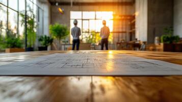 Architects review building plans at sunset in modern office space with large windows photo