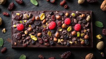Chocolate bar topped with mixed nuts, berries, and dried fruits on a dark stone surface photo