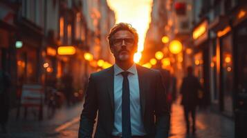 Businessman walks confidently through city streets during sunset in a bustling urban environment photo
