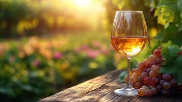 Warm sunlight shining on a glass of wine beside grapes in a vineyard during the golden hour photo