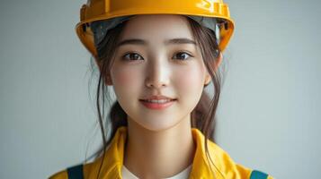 Young woman wearing a yellow hard hat and safety gear smiles confidently while standing indoors photo
