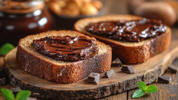 Dark chocolate spread on toasted bread with nuts and mint leaves in a rustic kitchen setting photo